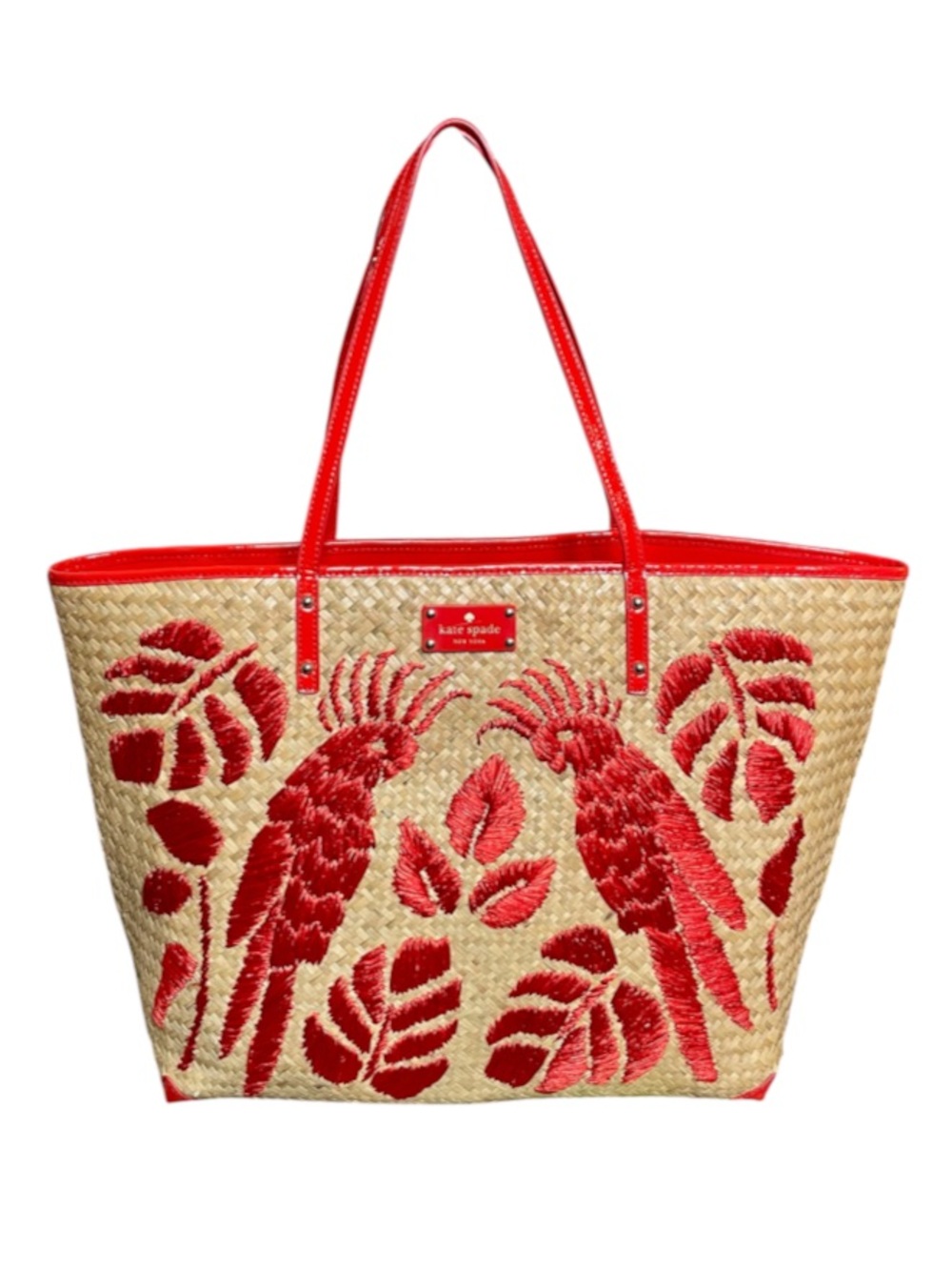 Kate Spade Birds of Paradise Harmony Bag
Red Raffia Embroidered Lined Straw Tote